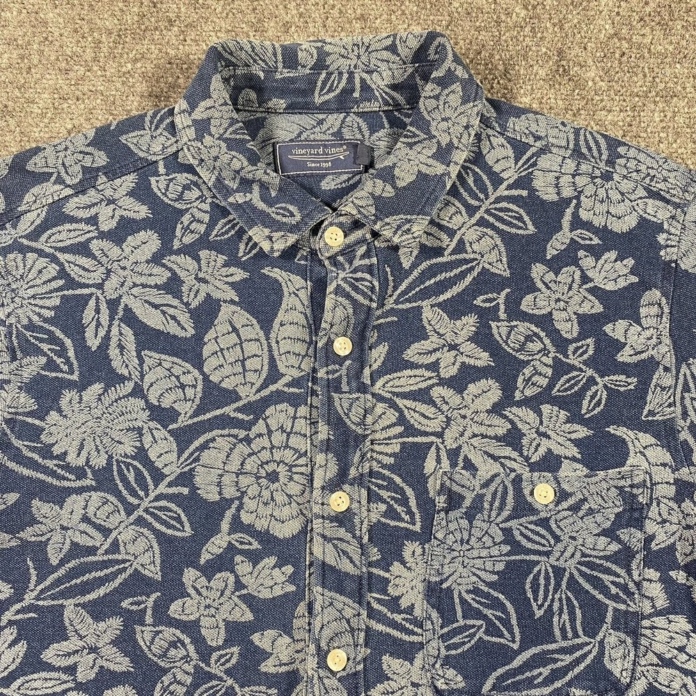Vineyard Vines Mens Large Floral Hawaiian Print Blue Button Shirt Stretch Fabric